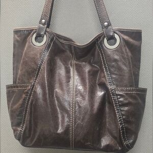 FOSSIL HATHAWAY Brown Glazed Leather Shopper Tote Shoulder Handbag Purse